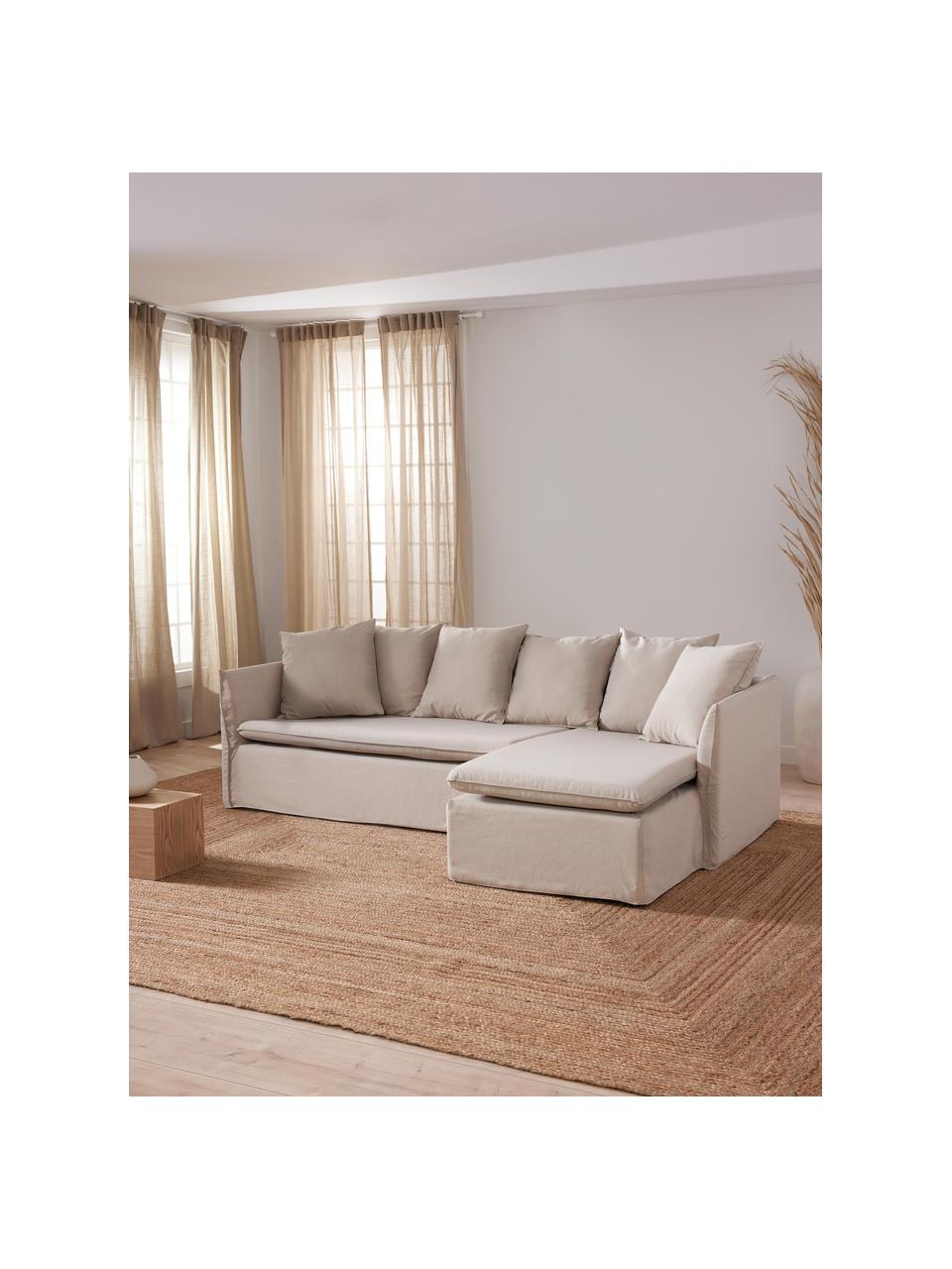 Sofa narożna Mila (3-osobowa), Tapicerka: 100% poliester Dzięki tka, Stelaż: drewno sosnowe, płyta pil, Jasnoszara tkanina, S 230 x W 85 cm, prawostronna