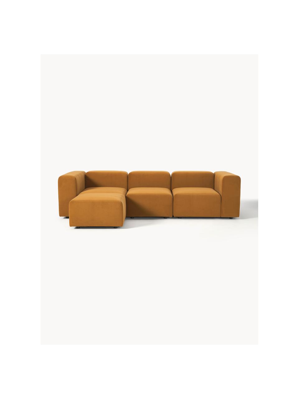 Canapé modulable 4 places en velours avec pouf Lena, Tissu ocre, larg. 284 x prof. 181 cm