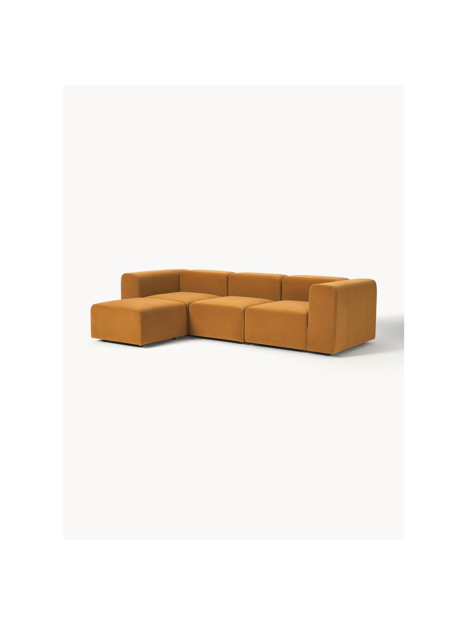 Canapé modulable 4 places en velours avec pouf Lena, Tissu ocre, larg. 284 x prof. 181 cm