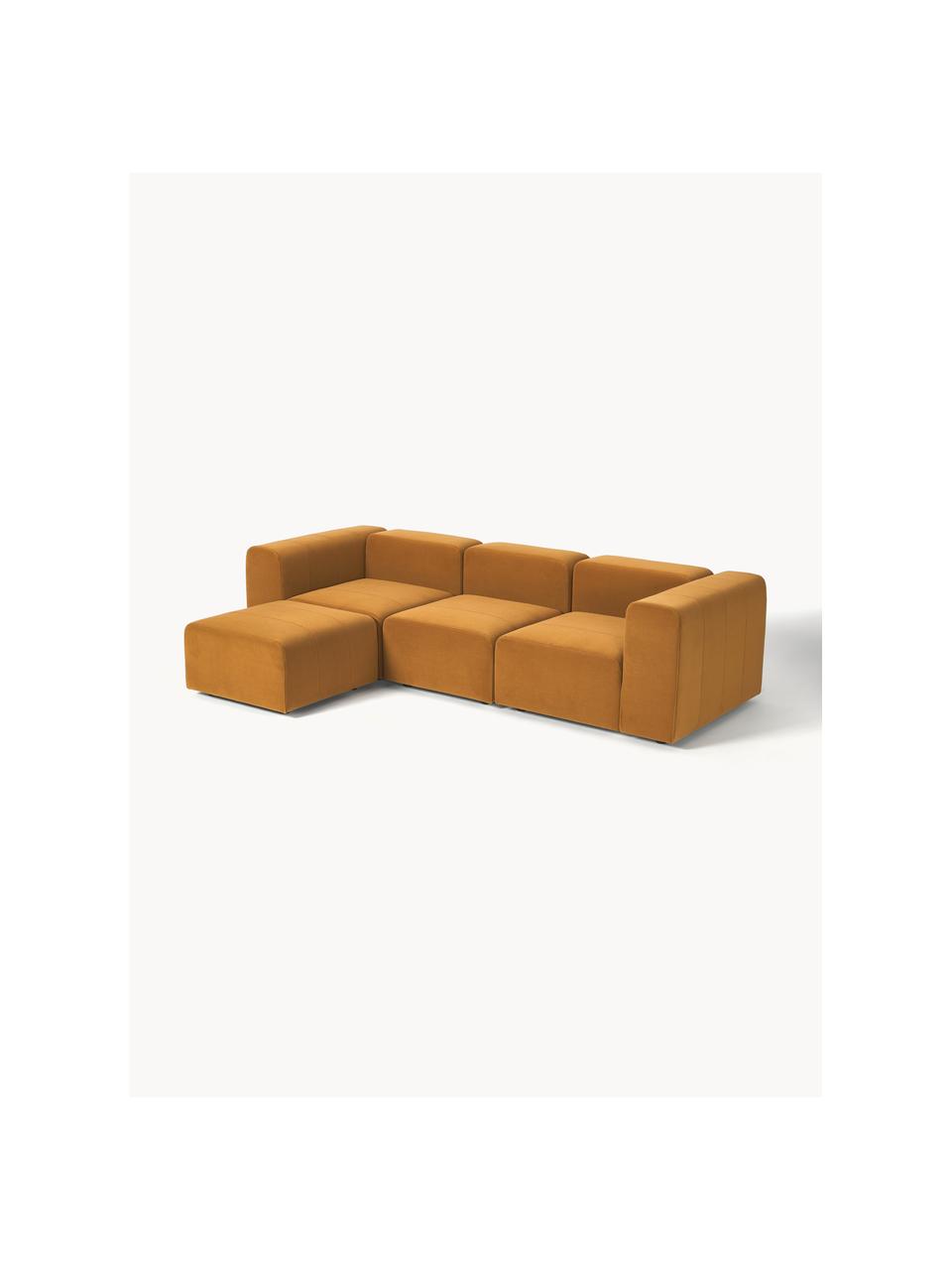 Canapé modulable 4 places en velours avec pouf Lena, Tissu ocre, larg. 284 x prof. 181 cm