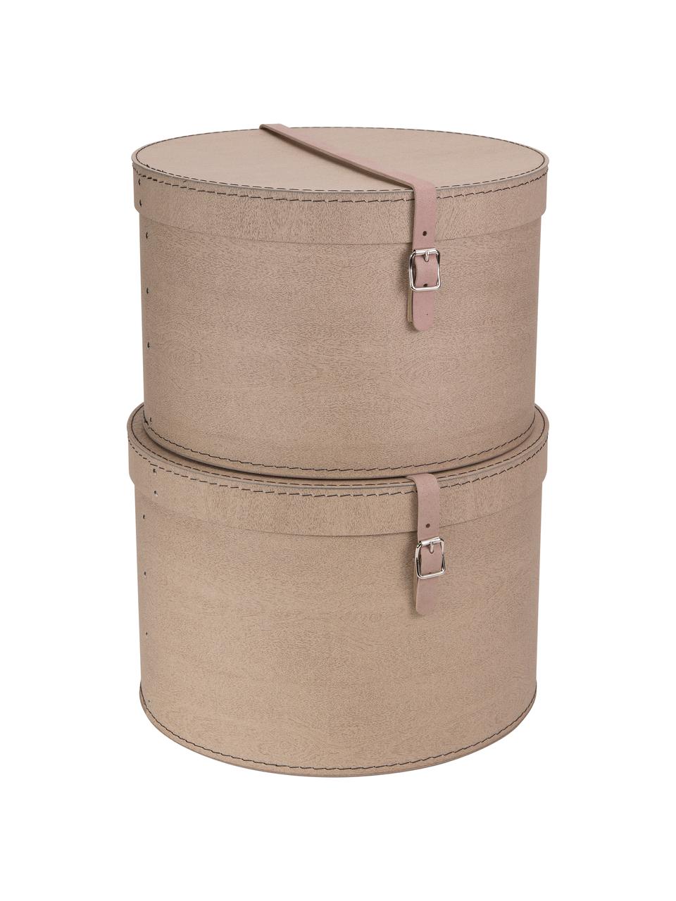 Set de cajas Rut, 2 uds., Caja: cartón sólido, con estamp, Asa: cuero, metal, Marrón claro, Set de diferentes tamaños