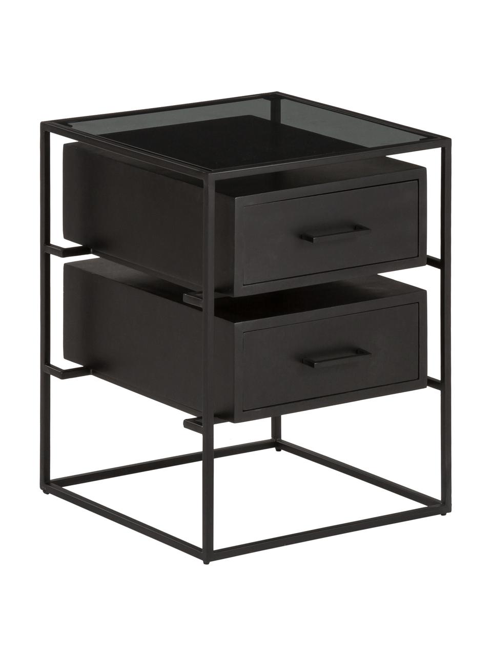 Comodino con piano in vetro Lyle, Struttura e maniglie: metallo verniciato a polv, Nero, Larg. 45 x Alt. 58 cm