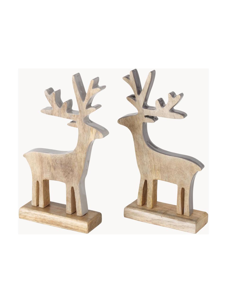 Set de cerfs décoratifs faites main Paimio, 2 élém., Bois de manguier, peint, finition naturelle, Brun clair gris, blanc, larg. 18 x haut. 30 cm