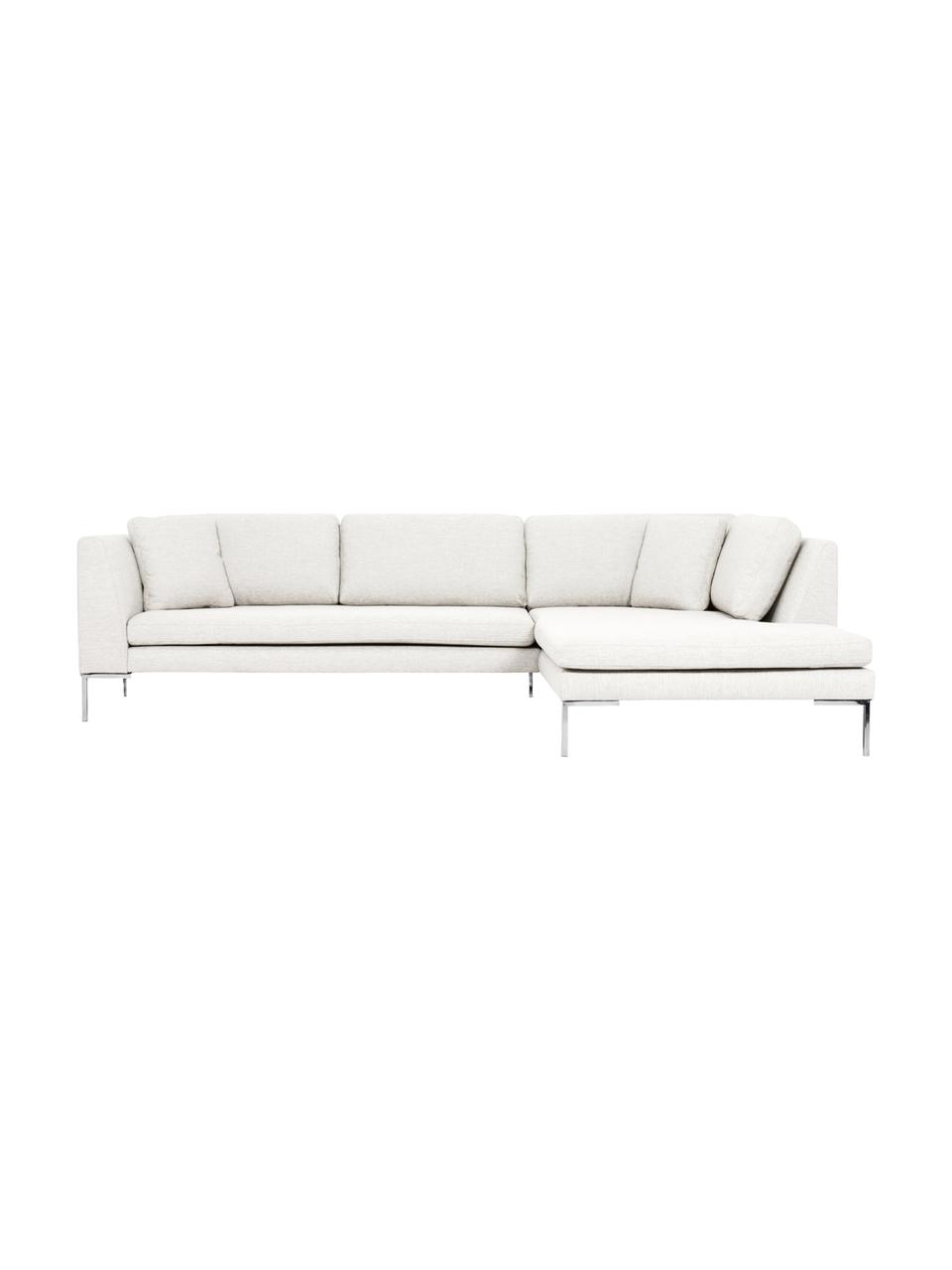 Ecksofa Emma, Bezug: Polyester 100.000 Scheuer, Gestell: Massives Kiefernholz, Füße: Metall, galvanisiert, Webstoff Cremeweiß, Füße Silber, B 302 x T 220 cm