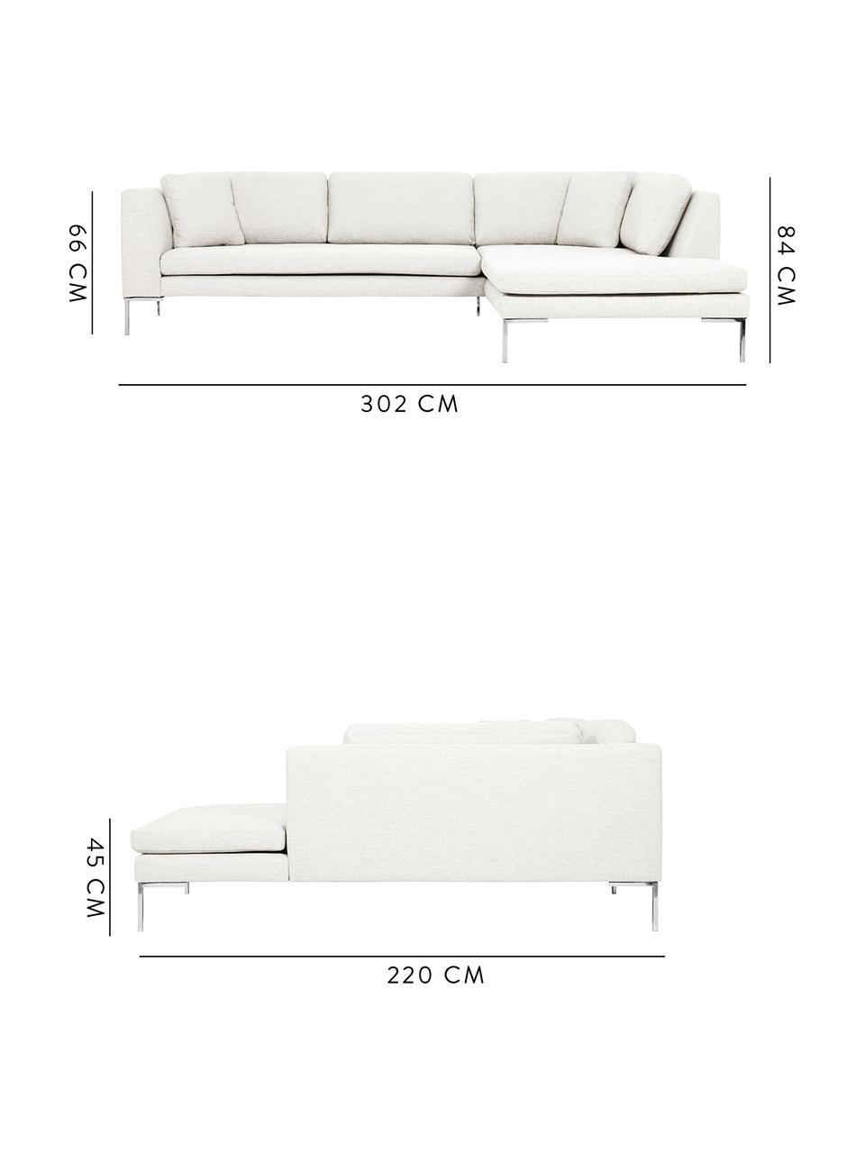 Divano angolare in tessuto bianco crema Emma, Rivestimento: poliestere 100.000 cicli , Struttura: legno di pino massiccio, Piedini: metallo zincato, Tessuto bianco crema, piedini argento, Larg. 302 x Prof. 220 cm