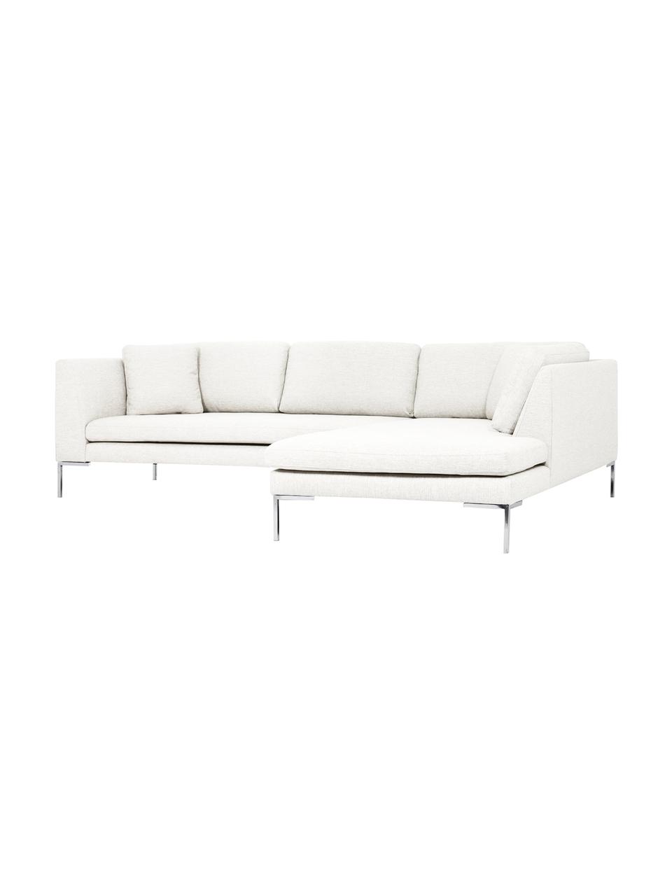 Ecksofa Emma, Bezug: Polyester 100.000 Scheuer, Gestell: Massives Kiefernholz, Füße: Metall, galvanisiert, Webstoff Cremeweiß, Füße Silber, B 302 x T 220 cm