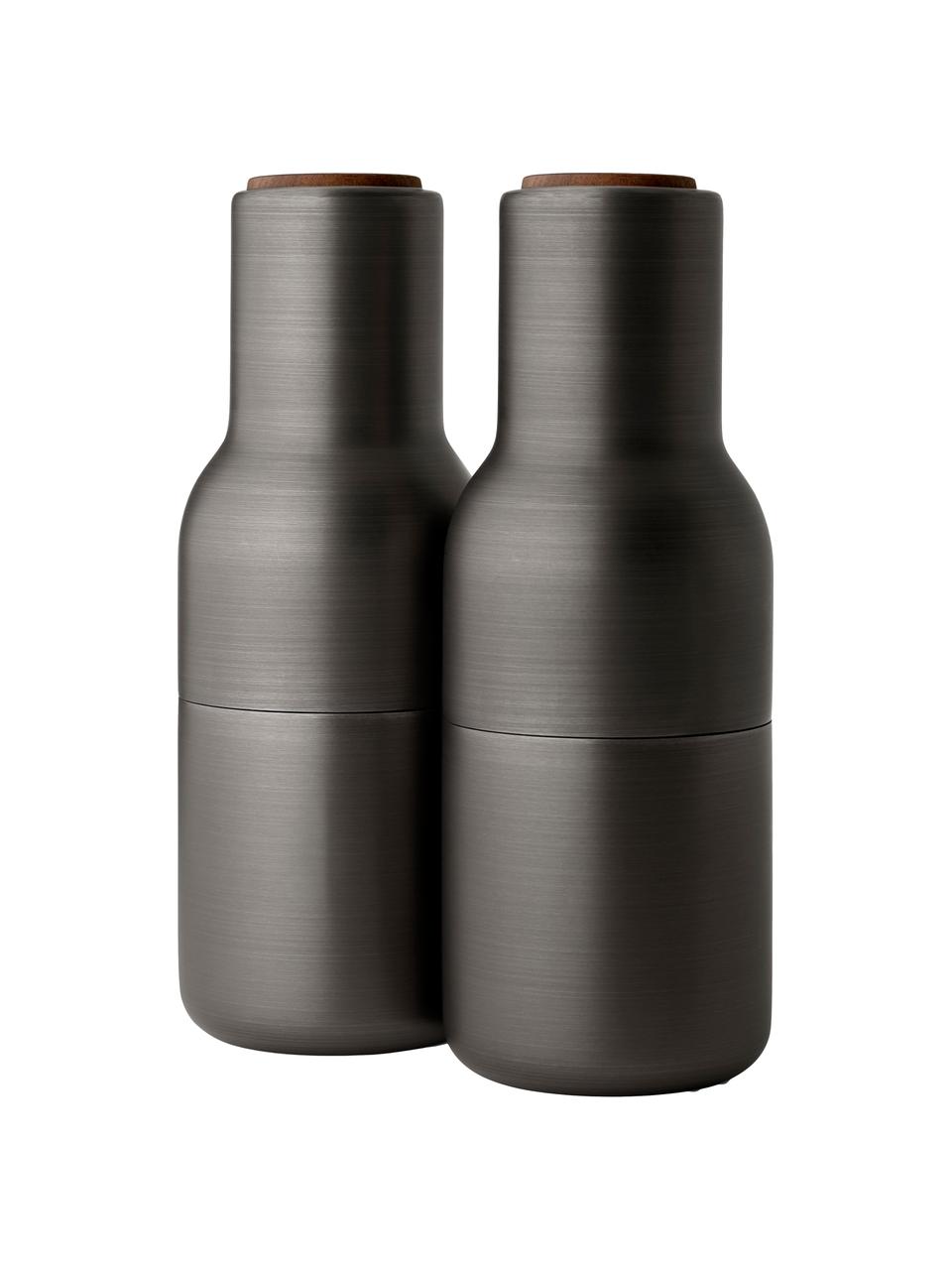 Molinillos de diseño Bottle Grinder, 2 uds., Estructura: acero, latón y cepillado, Grinder: cerámica, Gris antracita, Ø 8 x Al 21 cm