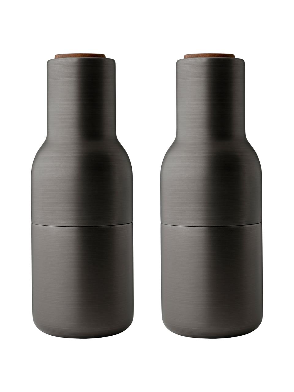 Molinillos de diseño Bottle Grinder, 2 uds., Estructura: acero, latón y cepillado, Grinder: cerámica, Gris antracita, Ø 8 x Al 21 cm