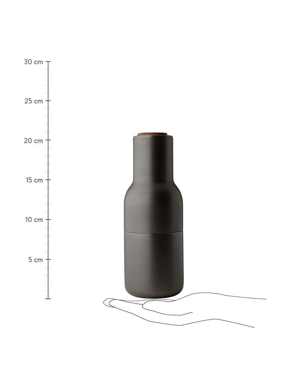 Design zout- & pepermolen Bottle Grinder met walnoothouten deksel, set van 2, Frame: vermessingd en geborsteld, Deksel: walnoothout, Antraciet geborsteld, walnoothout, Ø 8 x H 21 cm