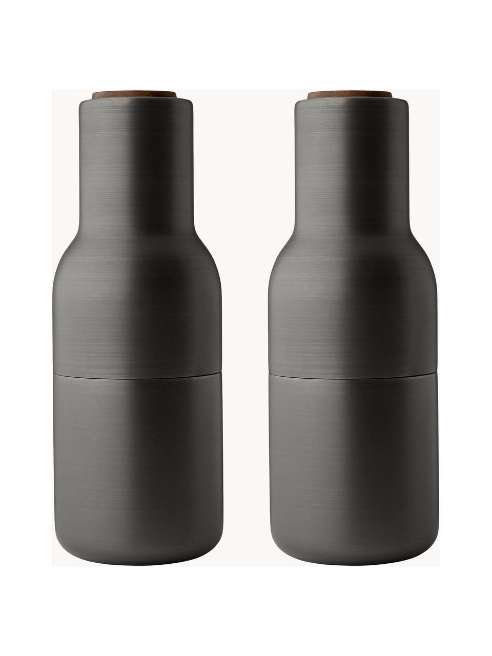 Salero y pimentero de diseño Bottle Grinder, 2 uds., Estructura: acero, latón y cepillado, Grinder: cerámica, Gris antracita, madera de nogal, Ø 8 x Al 21 cm