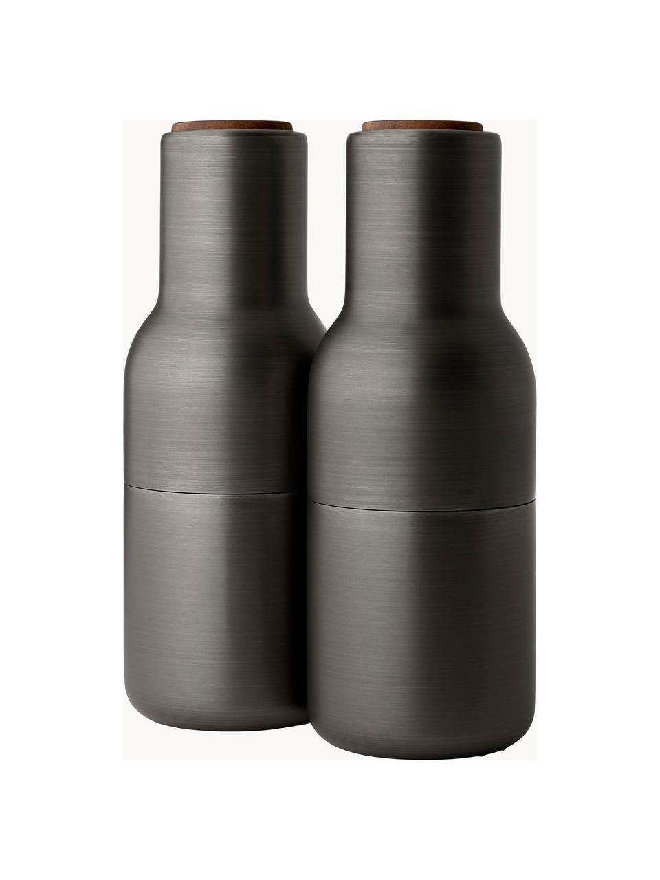 Salero y pimentero de diseño Bottle Grinder, 2 uds., Estructura: acero, latón y cepillado, Grinder: cerámica, Gris antracita, madera de nogal, Ø 8 x Al 21 cm