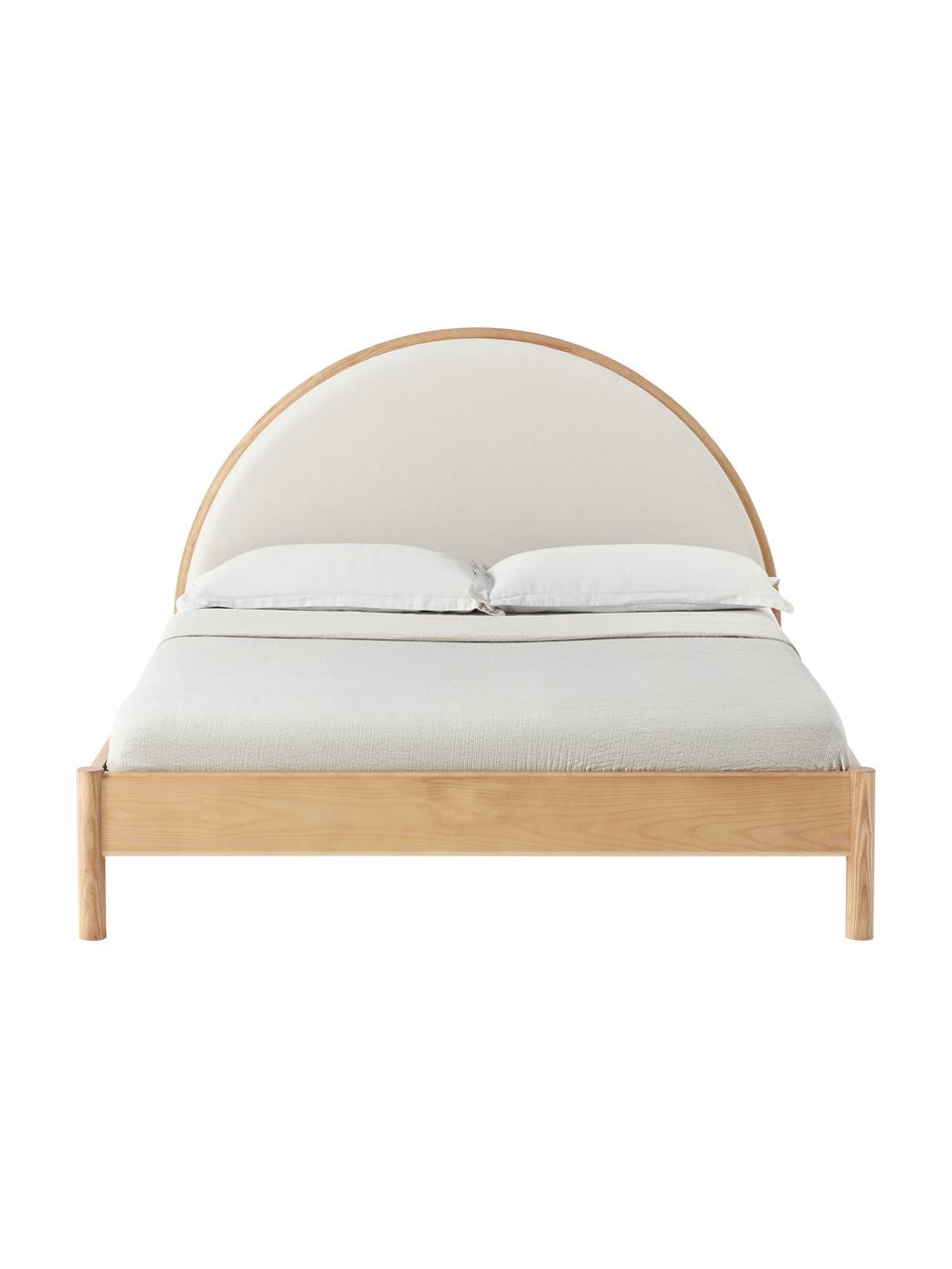 Houten bed Sean met gestoffeerde hoofdeinde, Frame: massief essenhout, FSC-ge, Poten: massief essenhout, FSC-ge, Geweven stof beige, licht essenhout, B 140 x L 200 cm