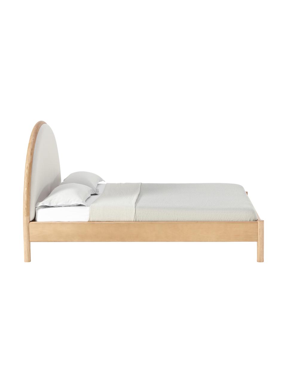 Houten bed Sean met gestoffeerde hoofdeinde, Frame: massief essenhout, FSC-ge, Poten: massief essenhout, FSC-ge, Geweven stof beige, licht essenhout, B 140 x L 200 cm