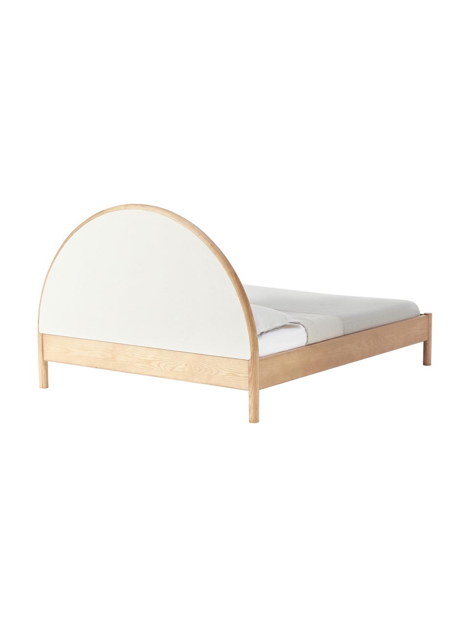 Letto in legno con testiera imbottita Sean, Struttura: legno di frassino massicc, Tessuto beige, legno di frassino chiaro, Larg. 140 x Lung. 200 cm