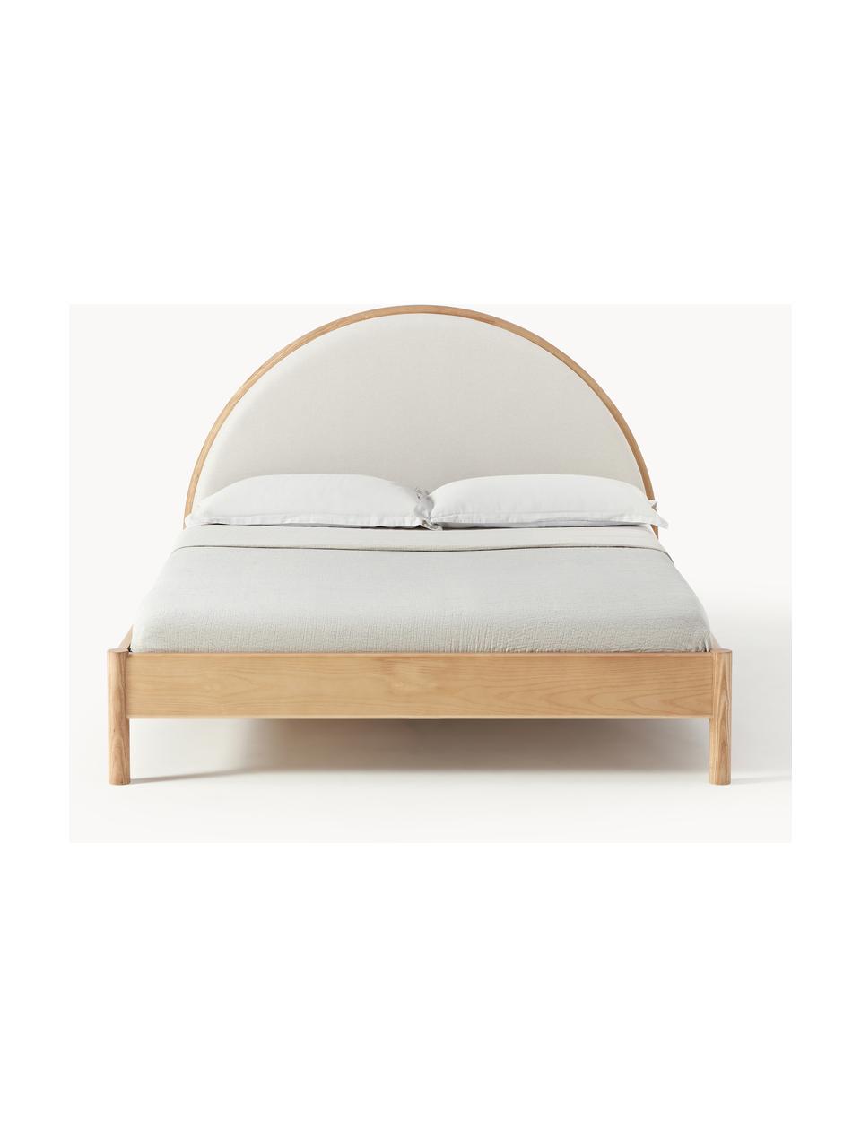 Cama de madera con cabecero tapizado Sean, Estructura: Madera maciza de fresno, , Patas: madera de fresno maciza E, Tejido beige, madera de fresno clara, An 140 x L 200 cm