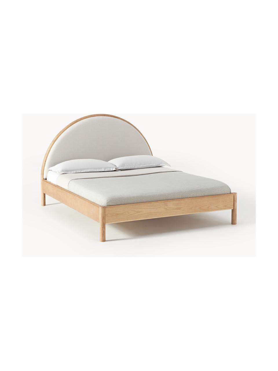 Łóżko z drewna z tapicerowanym zagłówkiem Sean, Stelaż: lite drewno jesionowe z c, Nogi: lite drewno jesionowe z c, Beżowa tkanina, jasne drewno jesionowe, S 140 x D 200 cm