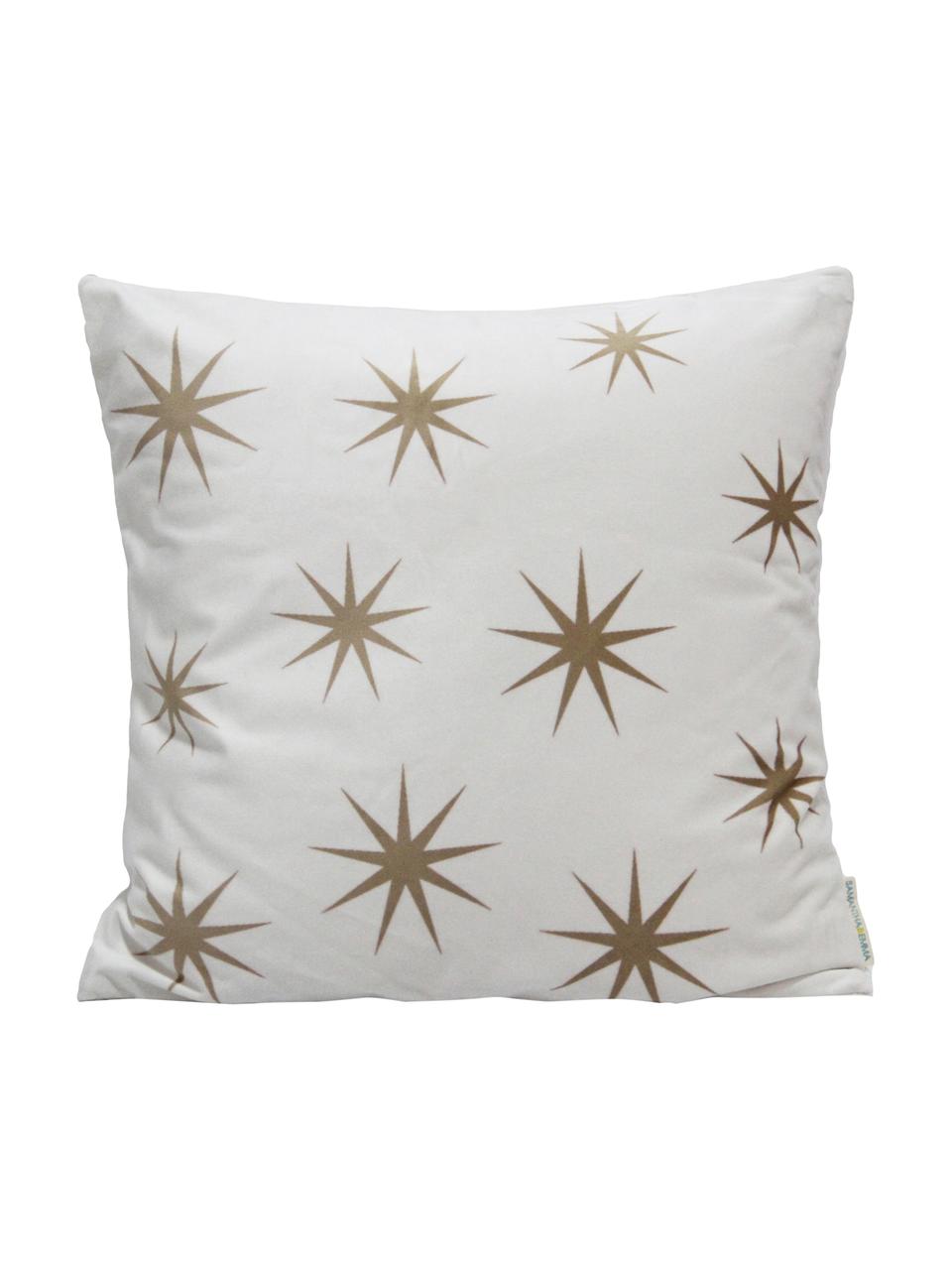 Fluwelen kussenhoes Stars met gouden sterren geborduurd, Polyesterfluweel, Wit, bruin, 45 x 45 cm