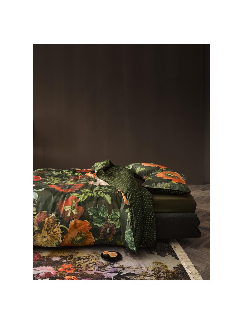 Flanell-Wendebettwäsche Esmee mit Blumen-Muster, Webart: Flanell Flanell ist ein k, Dunkelgrün, Mehrfarbig, 155 x 220 cm + 1 Kissen 80 x 80 cm