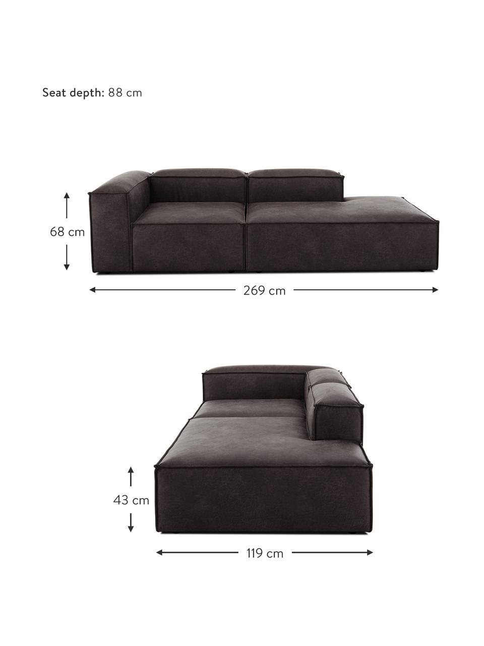 Modulaire chaise longue Lennon van gerecycled leer, Bekleding: gerecycled leer (70% leer, Frame: massief grenenhout, FSC-g, Poten: kunststof De poten bevind, Leer bruingrijs, B 269 x D 119 cm, rugleuning links