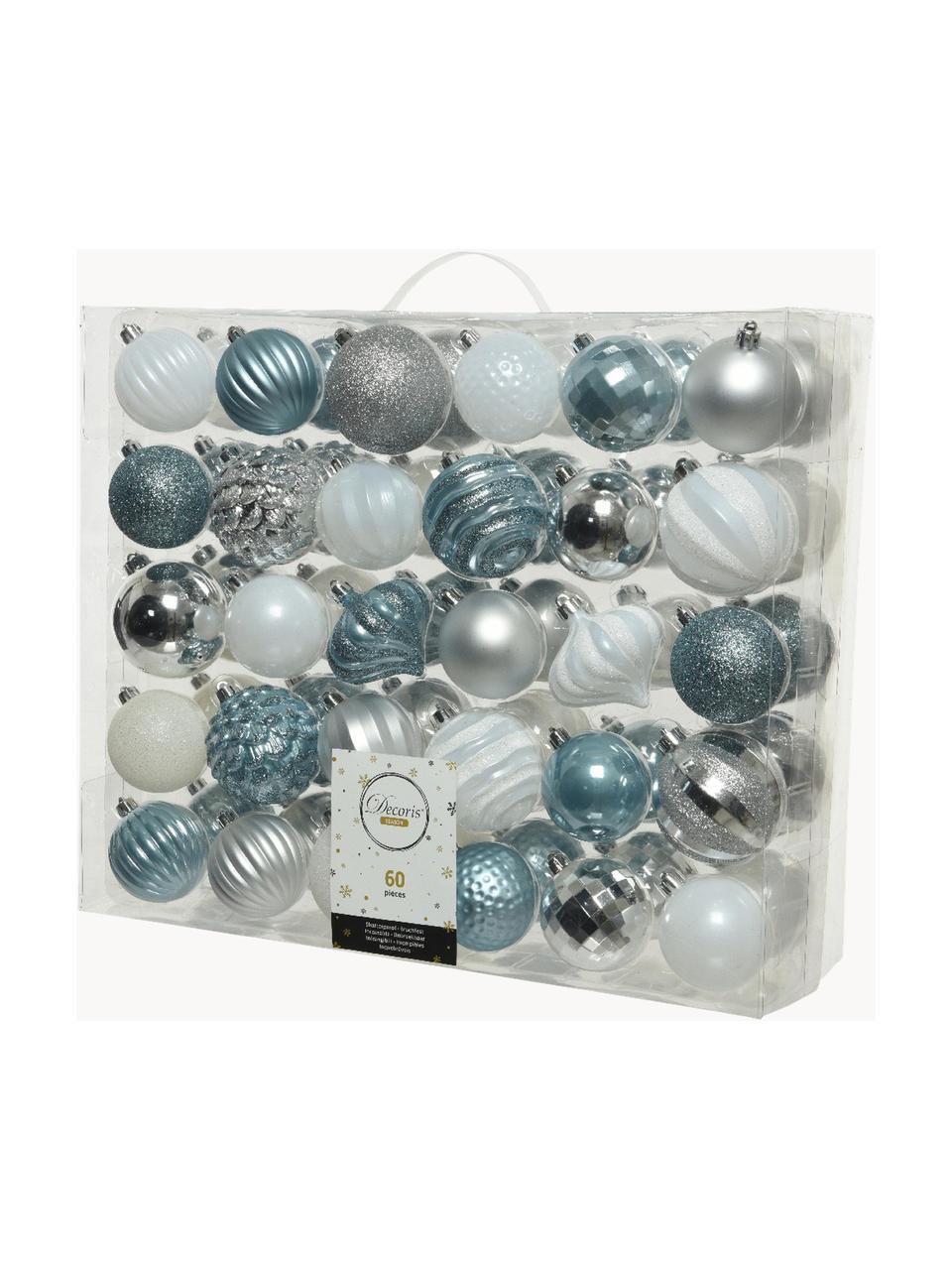 Boules de Noël incassables Nip, 60 élém., Bleu pétrole, blanc, argenté, Ø 7 cm