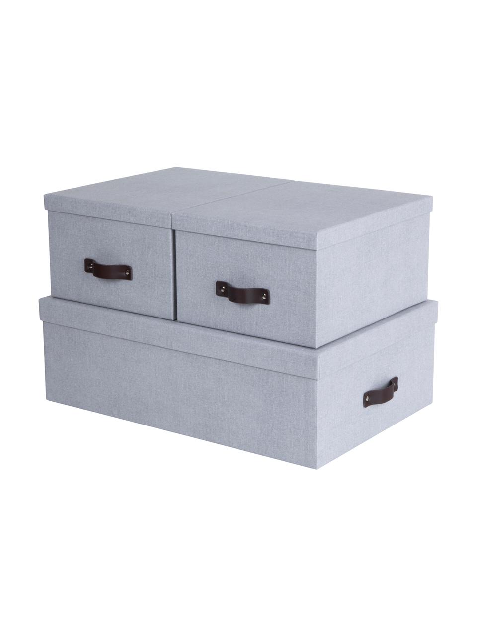 Set de cajas Inge II, 3 uds., Caja: canvas, cartón rígido (10, Asa: cuero, Gris claro, Set de diferentes tamaños