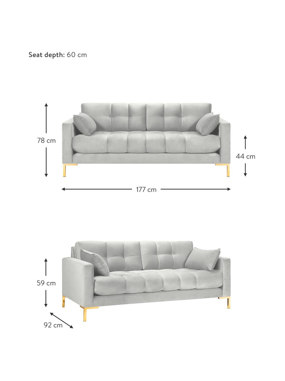 Sofa z aksamitu Mamaia (2-osobowa), Tapicerka: aksamit poliestrowy Dzięk, Stelaż: lite drewno sosnowe, skle, Nogi: metal lakierowany, Odcienie srebrnego, S 177 x G 92 cm