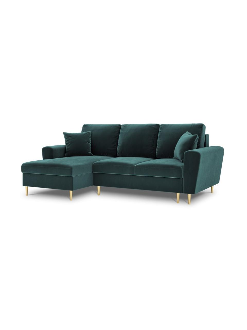 Fluwelen hoekbank Moghan (3-zits) met slaapfunctie en opbergruimte, Bekleding: 100% polyester fluweel He, Frame: massief grenenhout, spaan, Fluweel petrol, goudkleurig, B 241 x D 145 cm, hoekdeel links