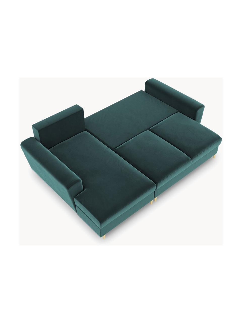 Sofá rinconera cama de terciopelo Moghan (3 plazas), con espacio de almacenamiento, Tapizado: 100% terciopelo de poliés, Estructura: madera de pino maciza, ag, Patas: metal revestido, Terciopelo azul petróleo, dorado, An 241 x F 145 cm, chaise longue izquierda