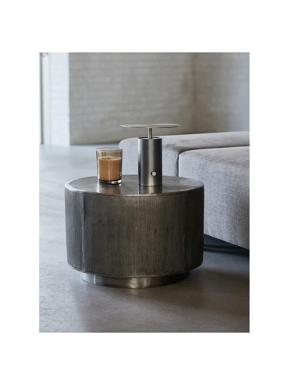 Okrągły stolik kawowy z ryflowanym frontem Rota, Aluminium powlekane, płyta pilśniowa średniej gęstości (MDF), Odcienie srebrnego, Ø 50 x W 35 cm