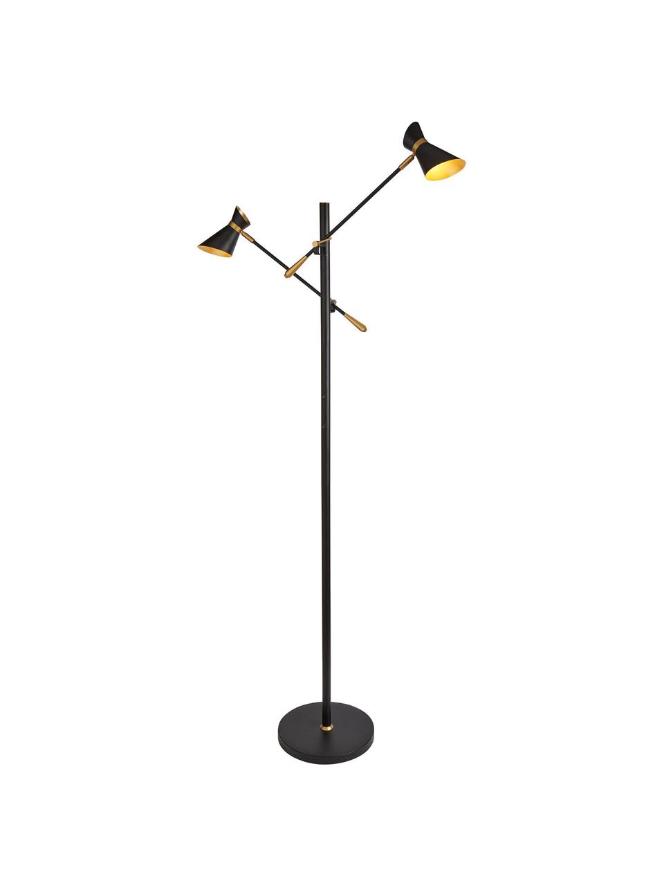 LED vloerlamp Diablo in zwart, Lampenkap: staalkleurig, Lampvoet: staal, Decoratie: staal, Zwart, goudkleurig, B 55 x H 160 cm