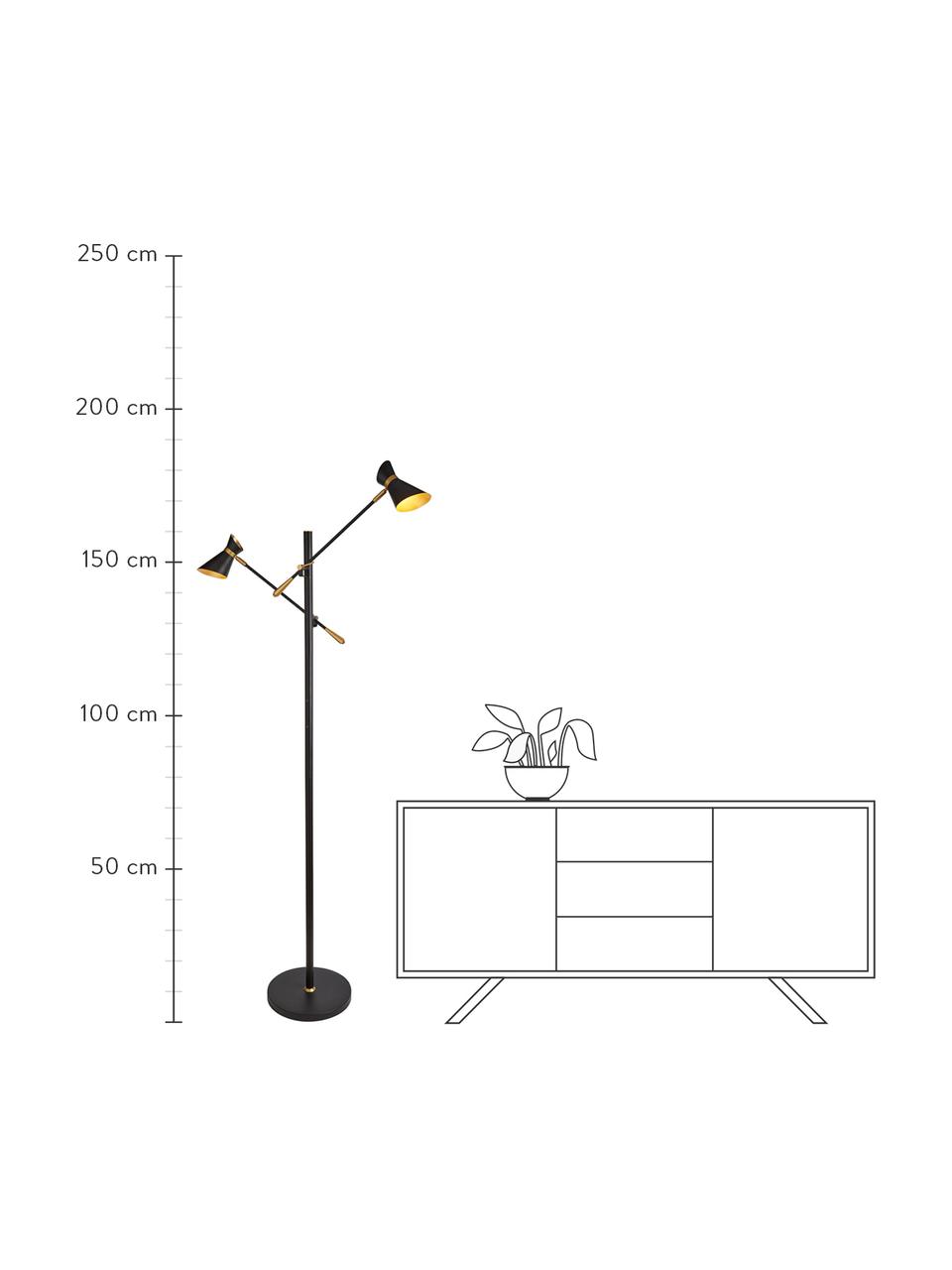 LED vloerlamp Diablo in zwart, Lampenkap: staalkleurig, Lampvoet: staal, Decoratie: staal, Zwart, goudkleurig, B 55 x H 160 cm