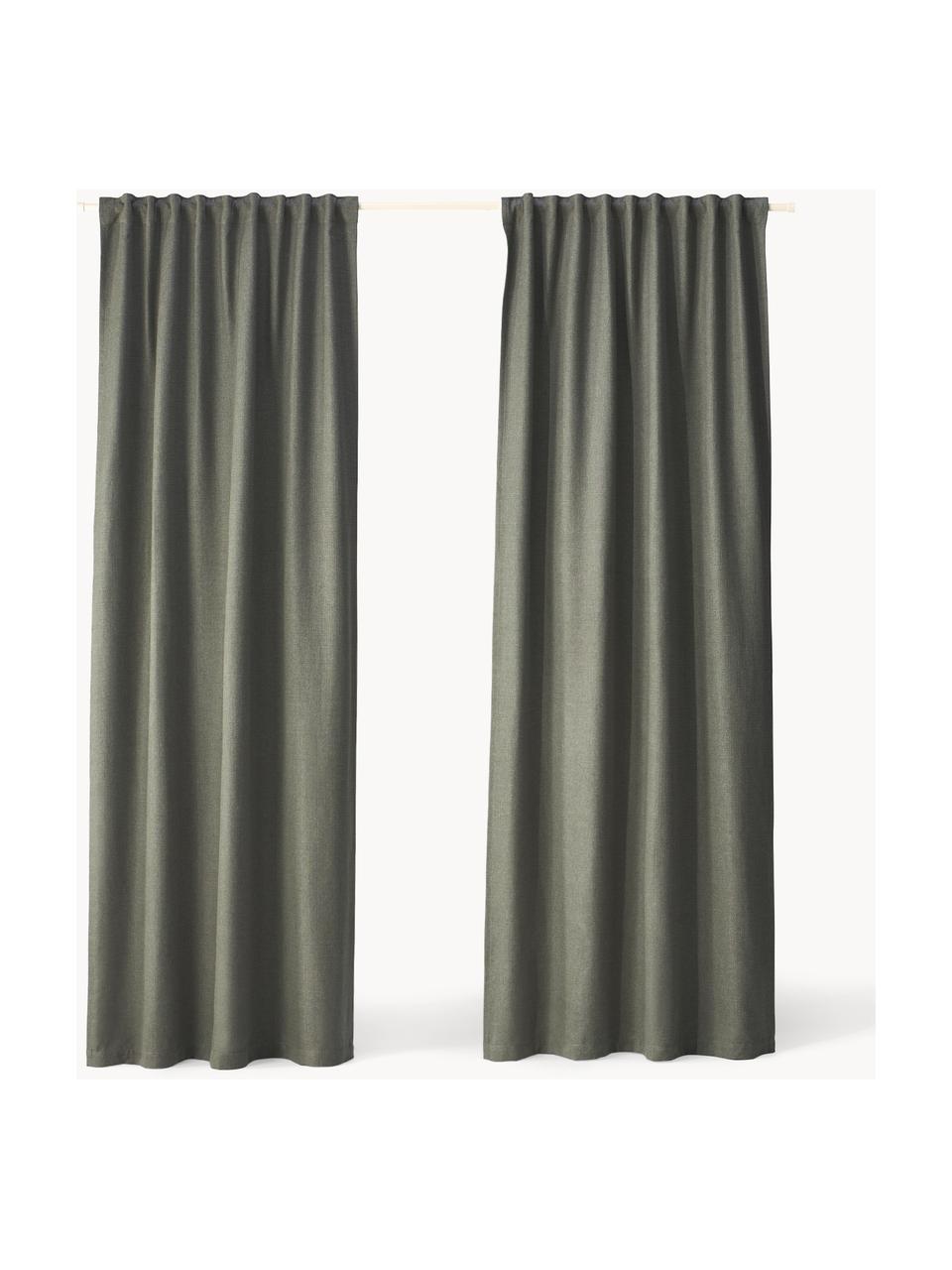 Ondoorzichtig gordijn Jensen met multiband, 2 stuks, 95% polyester, 5% nylon, Olijfgroen, B 130 x L 260 cm