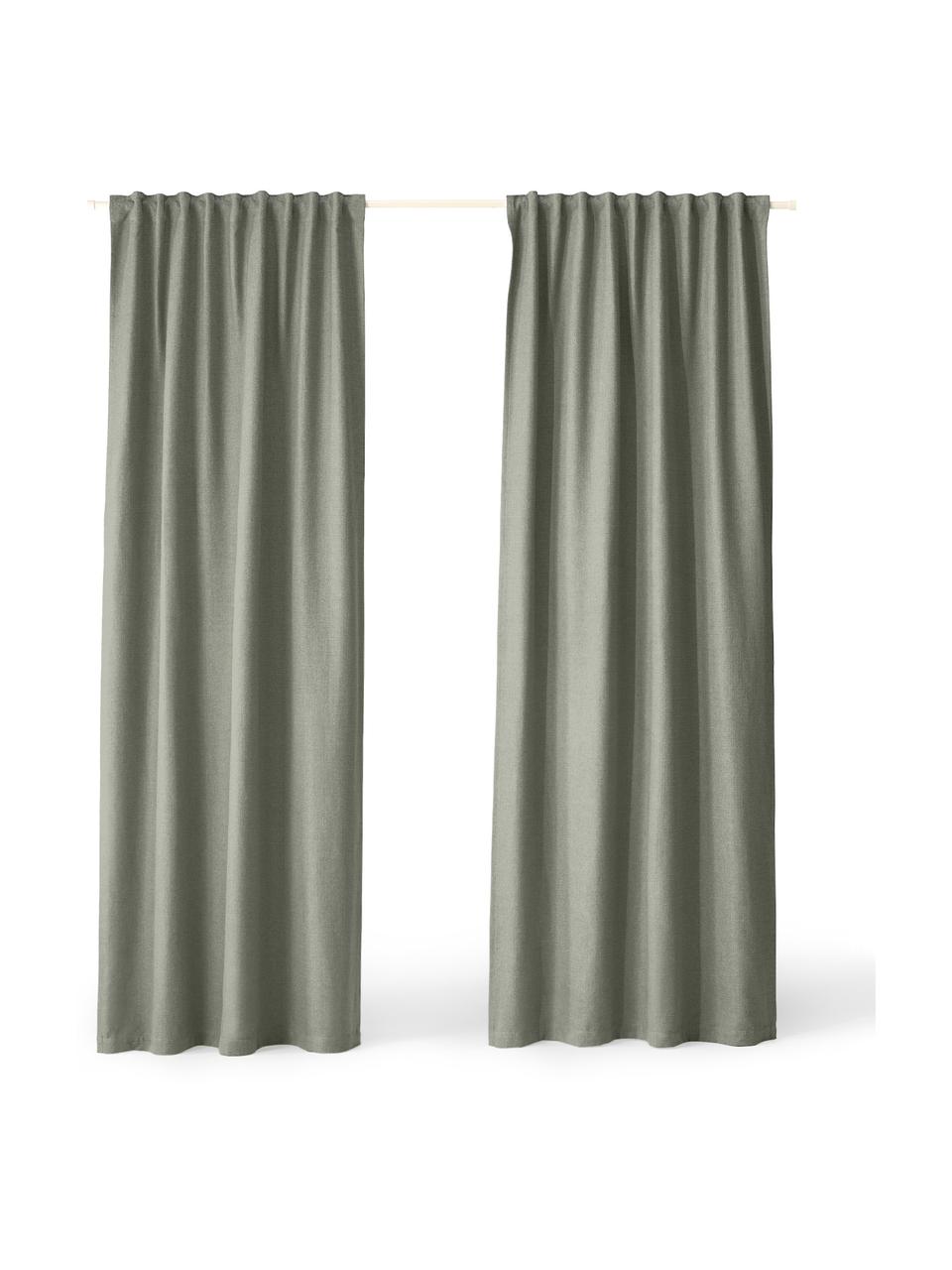 Ondoorzichtig gordijn Jensen met multiband, 2 stuks, 95% polyester, 5% nylon, Olijfgroen, B 130 x L 260 cm