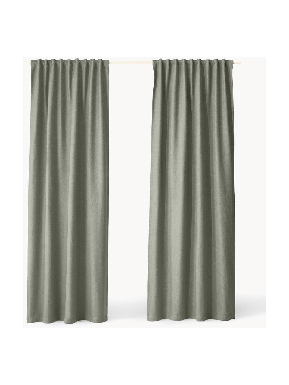 Rideaux opaques avec ruflette multiple Jensen, 2 pièces, 95 % polyester, 5 % nylon, Vert olive, larg. 130 x long. 260 cm