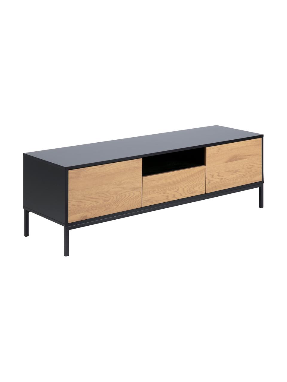 Tv-meubel Seaford van hout en metaal, Frame: gecoat MDF, Poten: gepoedercoat metaal, Eikenhout, zwart, 140 x 45 cm