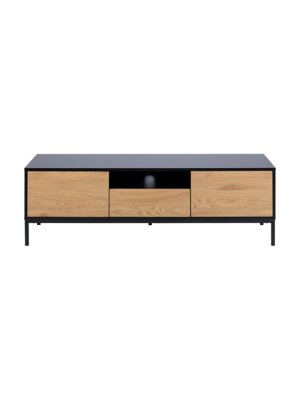 Tv-meubel Seaford van hout en metaal, Frame: gecoat MDF, Poten: gepoedercoat metaal, Eikenhout, zwart, 140 x 45 cm