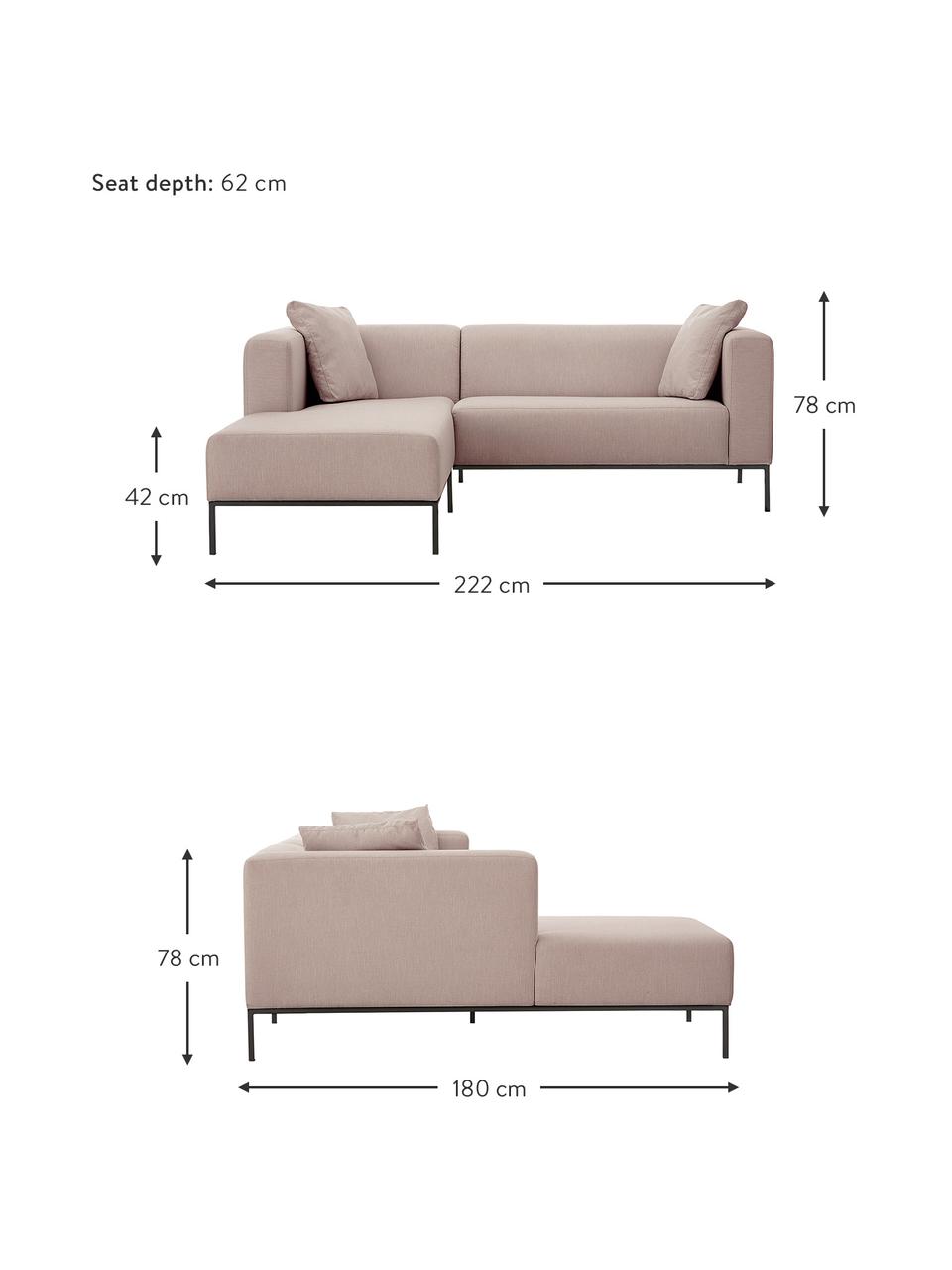 Hoekbank Carrie in oudroze met metalen poten, Bekleding: polyester, Frame: spaanplaat, hardboard, mu, Poten: gelakt metaal, Geweven stof oudroze, B 241 x D 200 cm