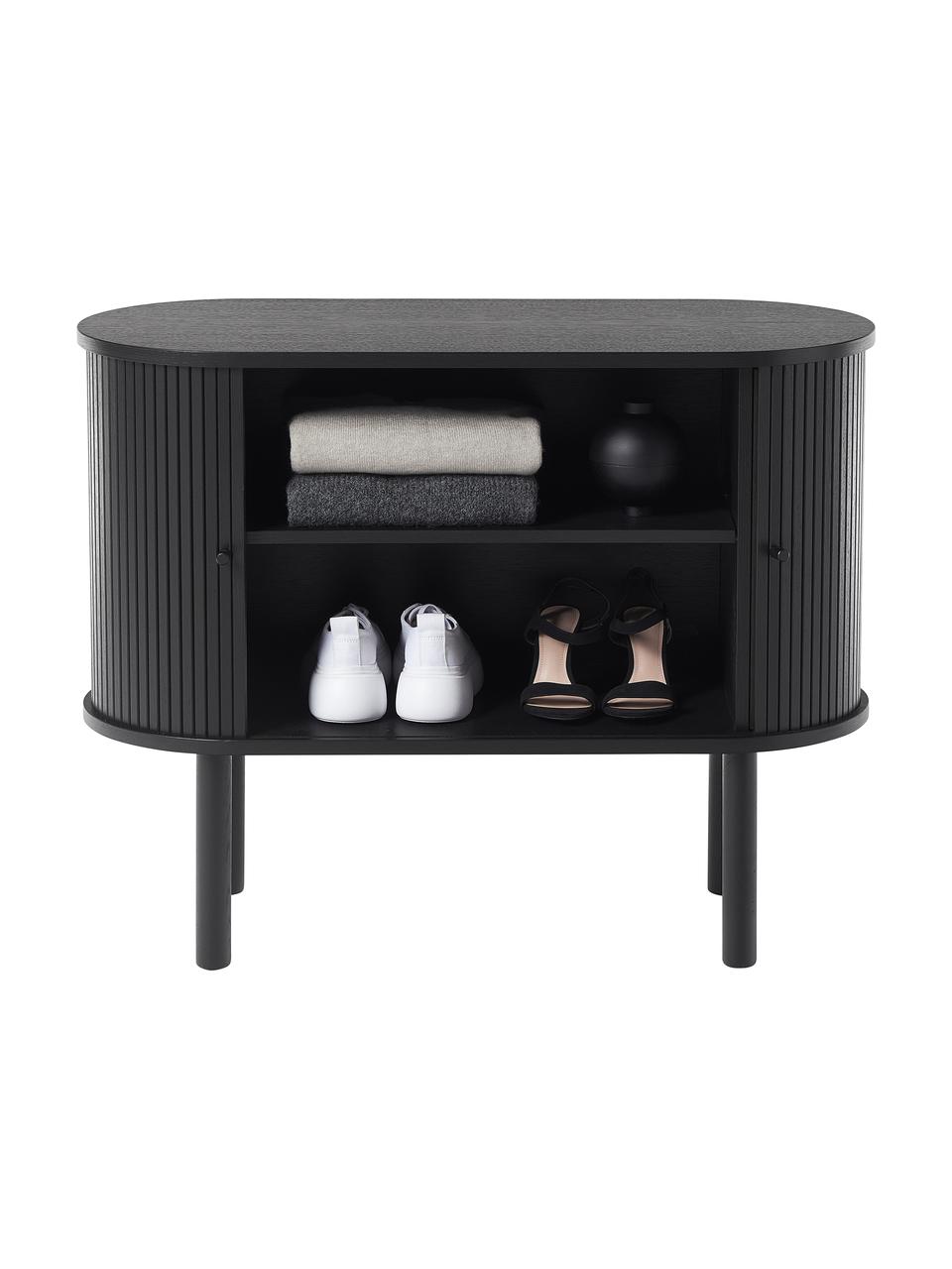 Credenza piccola con fronte scanalato Calary, Gambe: legno massiccio di querci, Nero, Larg. 95 x Alt. 77 cm