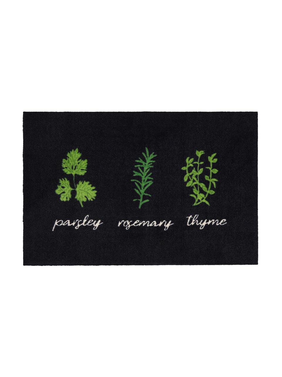 Wasbare polyamide deurmat Herbs, Bovenzijde: polyamide, Onderzijde: latex gel-schuim, Zwart, groen, wit, 50 x 75 cm