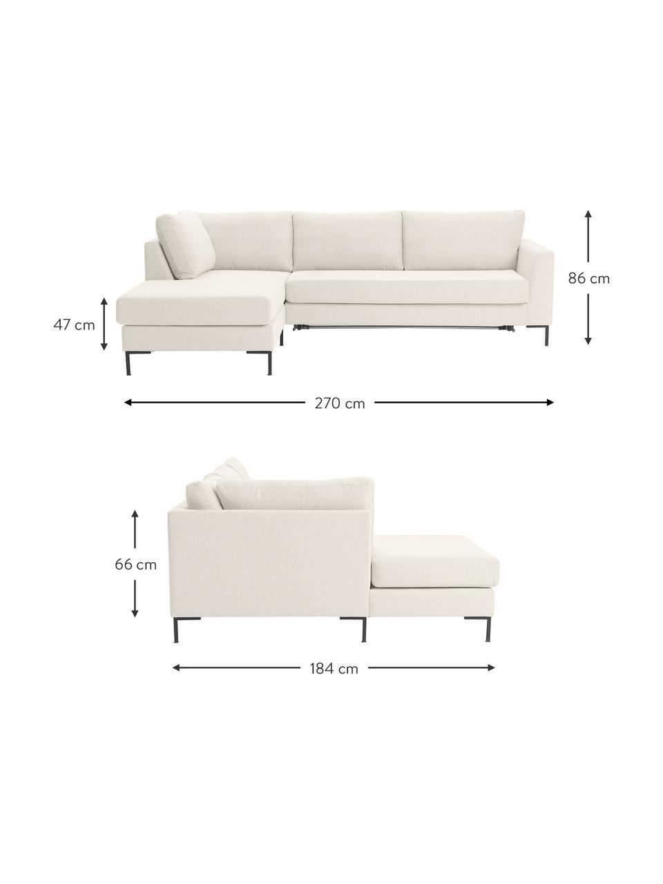 Divano letto 3 posti con materasso Luna, Rivestimento: 100% poliestere, certific, Struttura: legno di faggio massiccio, Piedini: metallo galvanizzato, Tessuto bianco latte, Larg. 270 x Prof. 184 cm, chaise-longue a sinistra