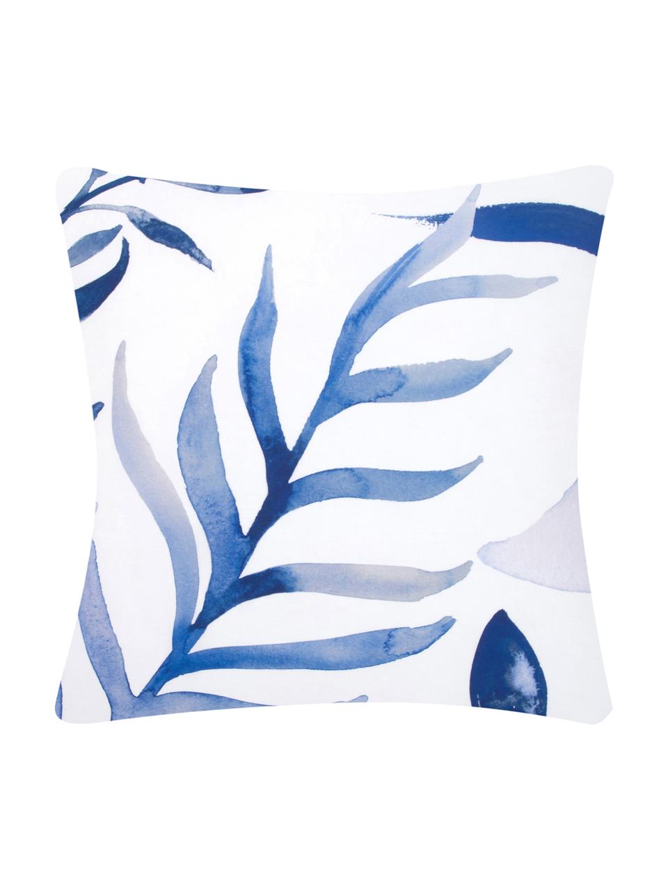 Taies d'oreiller en percale de coton avec motif de feuilles Francine, 2 pièces, 65 x 65 cm, Blanc, bleu, larg. 65 x long. 65 cm