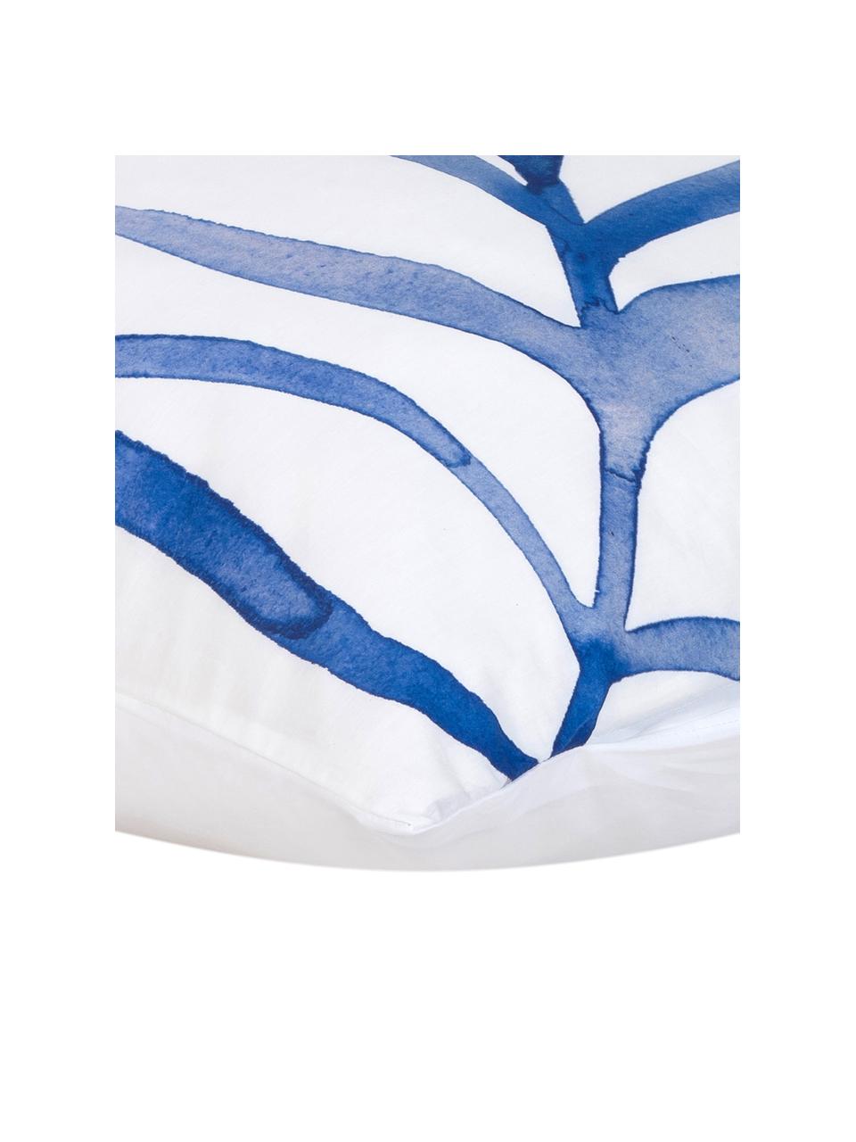 Taies d'oreiller en percale de coton avec motif de feuilles Francine, 2 pièces, 65 x 65 cm, Blanc, bleu, larg. 65 x long. 65 cm