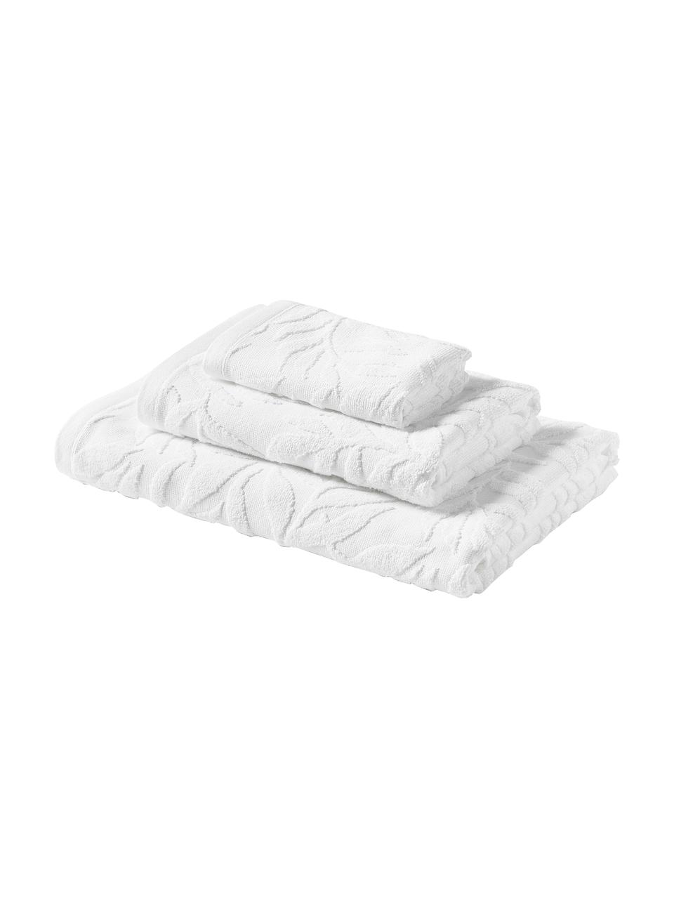 Handdoekenset Leaf van katoen, 3-delig, 100% katoen
Middelzware kwaliteit 450 g/m²

Het materiaal dat in dit product wordt gebruikt, is getest op schadelijke stoffen en gecertificeerd volgens STANDARD 100 door OEKO-TEX®, 3883CIT, CITEVE, Wit, Set met verschillende formaten
