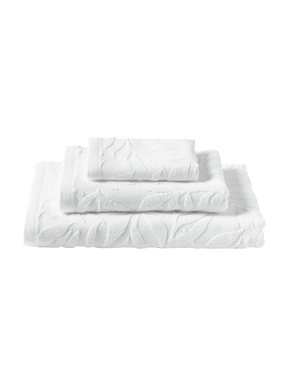 Lot de serviettes de bain en coton Leaf, 3 élém., Blanc, Lot de tailles variées