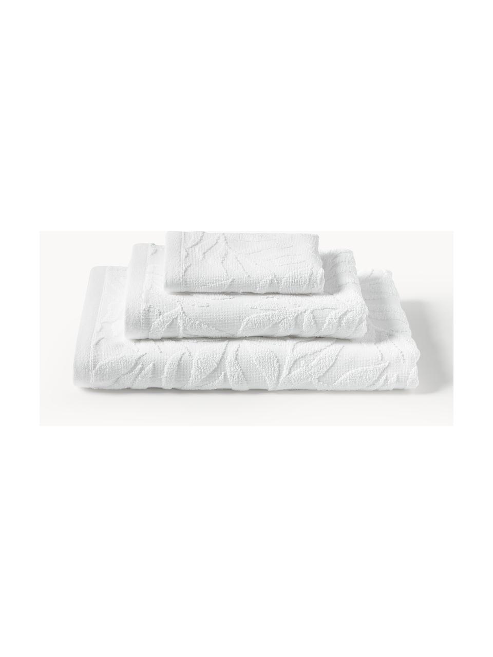 Lot de serviettes de bain en coton Leaf, 3 élém., Blanc, 3 éléments (1 serviette invité, 1 serviette de toilette et 1 drap de bain)