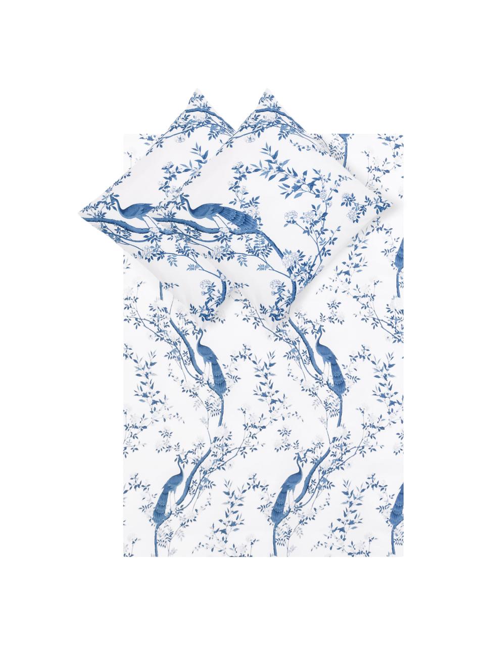 Baumwollperkal-Bettwäsche Annabelle mit floraler Zeichnung, Webart: Perkal Fadendichte 200 TC, Blau, Weiß, 240 x 220 cm + 2 Kissen 80 x 80 cm