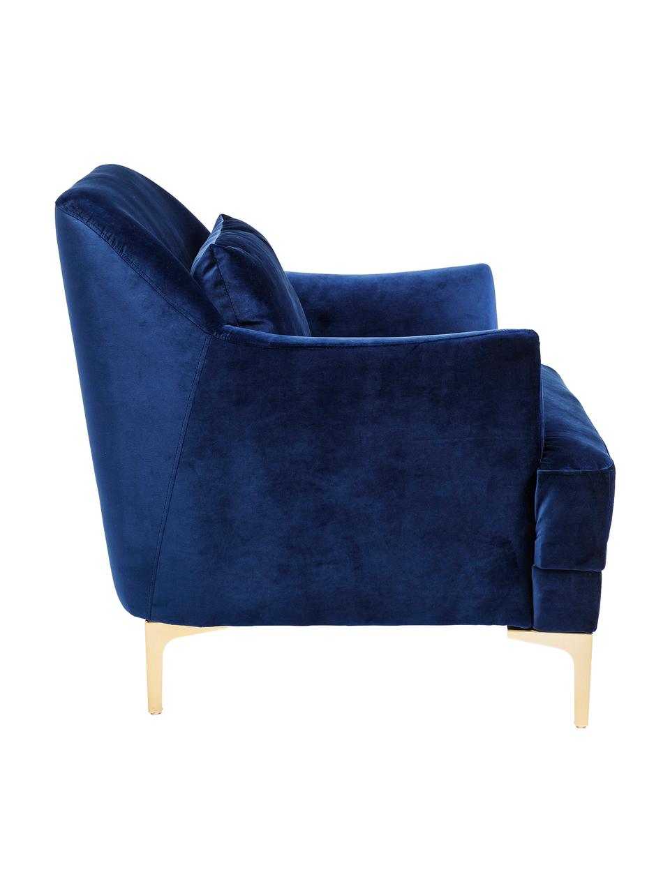 Fauteuil en velours Proud, Revêtement : bleu Pieds : couleur dorée