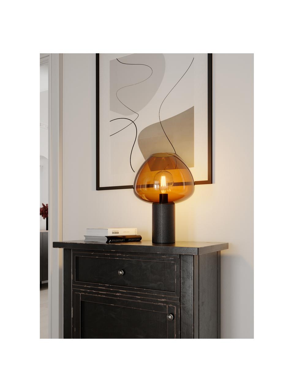 Lampada da tavolo con base in ecopelle Cozy, Paralume: vetro, Base della lampada: similpelle, Marrone scuro, nero, Ø 29 x Alt. 42 cm