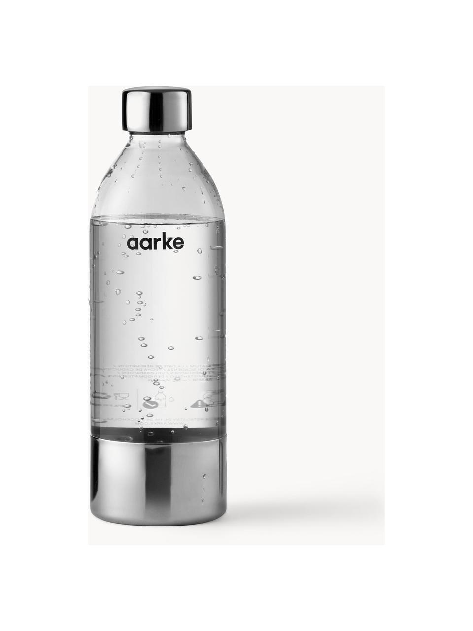 Botellas de agua Carbonator 3, 2 uds., Botella: plástico, PET, libre de B, Adornos: acero recubierto, Transparente, plateado, Ø 9 x Al 27 cm, 1 L