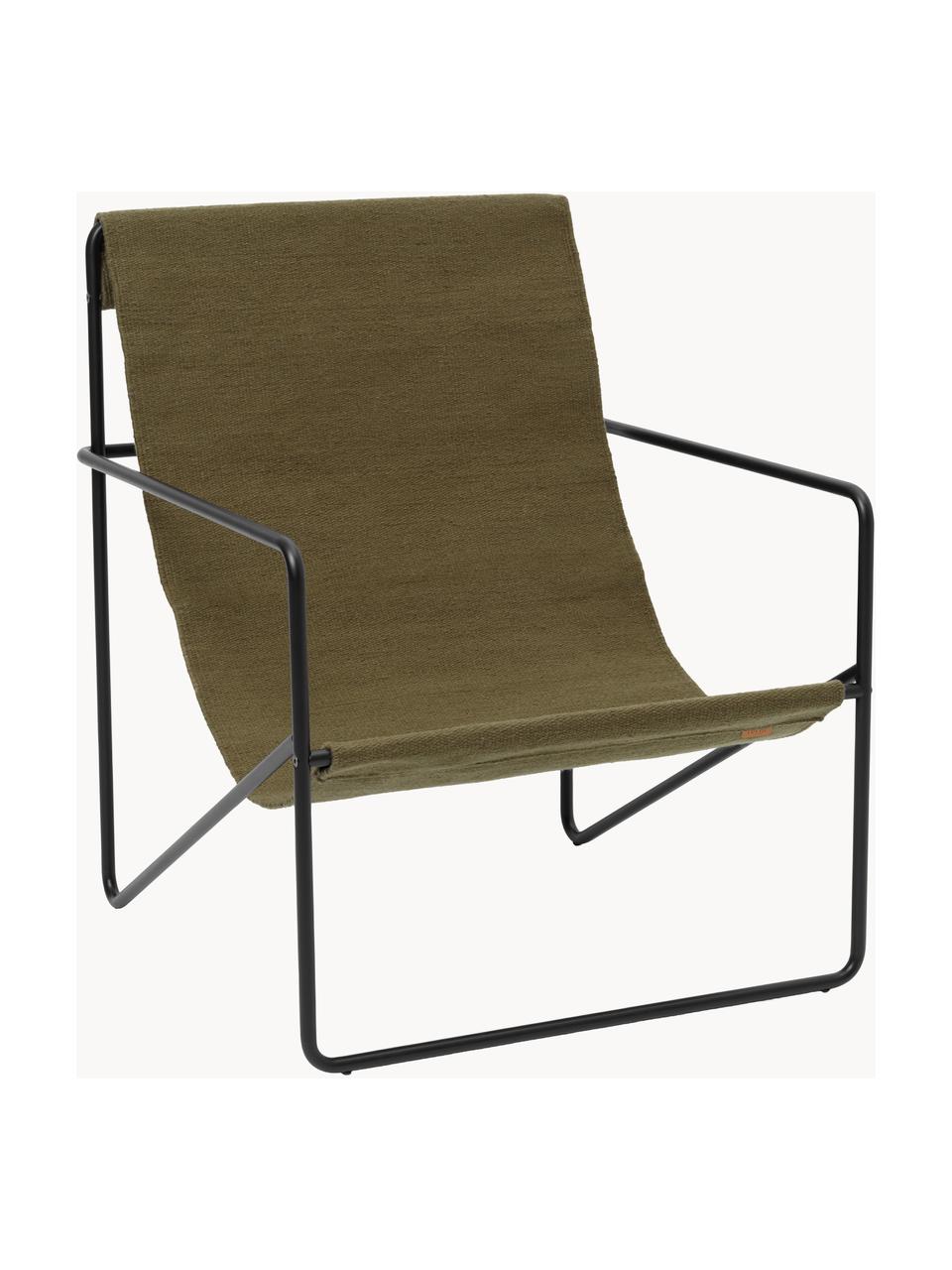 Fauteuil lounge Desert, Tissu vert olive, pieds noirs, larg. 63 x prof. 66 cm